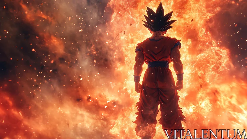 Fiery anime warrior silhouetted within erupting inferno.