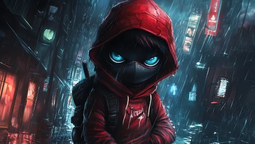 Hooded masked figure with glowing eyes in rainy alley.