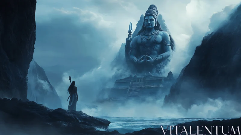 Figure observes large mythic statue across misted seascape