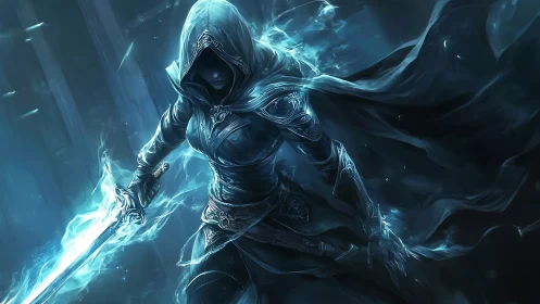 Hooded spectral warrior with glowing sword in motion.