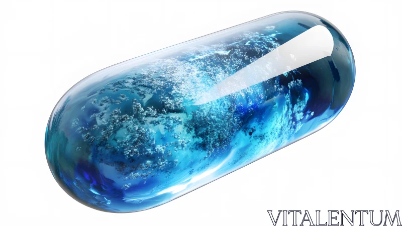 Futuristic blue capsule with swirling liquid and abstract design.