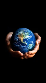 Human hands cradling illuminated Earth globe against void black