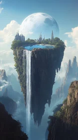 Floating monolith island with futuristic citadel and falls.