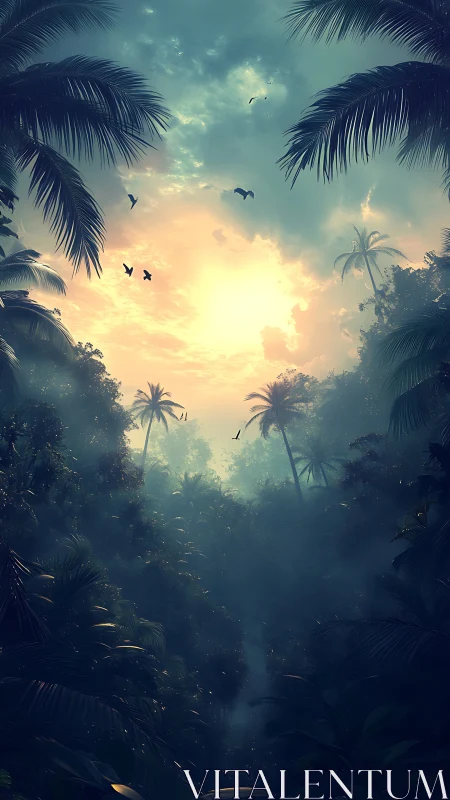 Tropical canopy at sunrise with misty atmospheric depth.