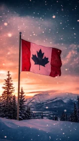 Canadian flag over snowy mountain landscape at sunset.