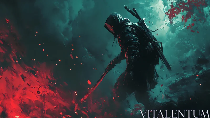 Hooded swordsman amid teal mist and burning crimson embers.