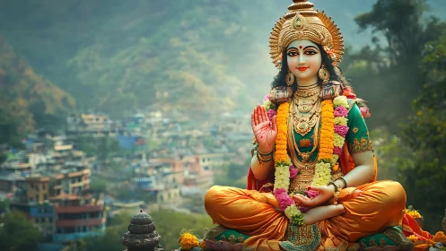 Colorful Hindu goddess statue above misty hillside town.