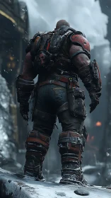 Battle-worn warrior pauses bravely on a snowy ledge