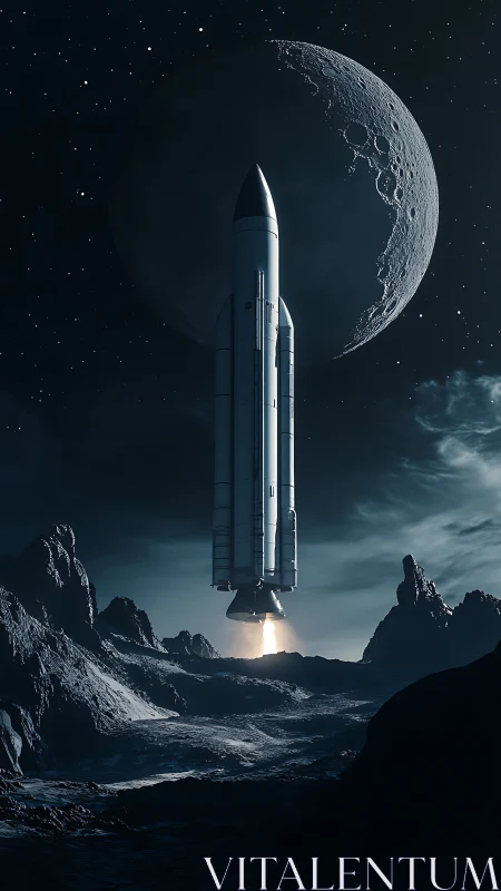 Rocket launches from rocky moonlit terrain toward space