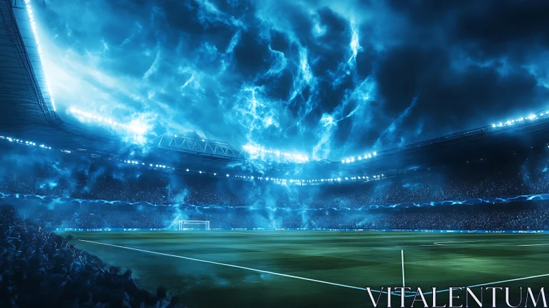 Cinematic night stadium under electric stormlight atmosphere.