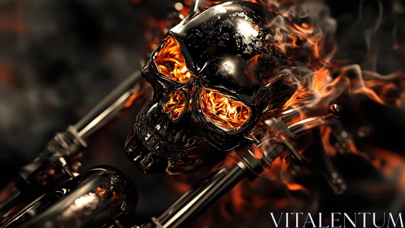 Metallic skull integrates with motorcycle handlebars in flames