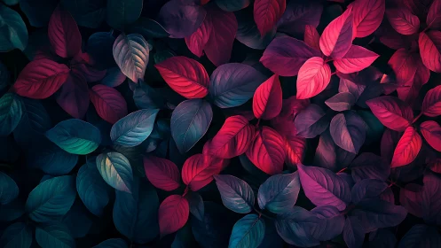 Multicolored foliage pattern with red and teal-toned leaves.
