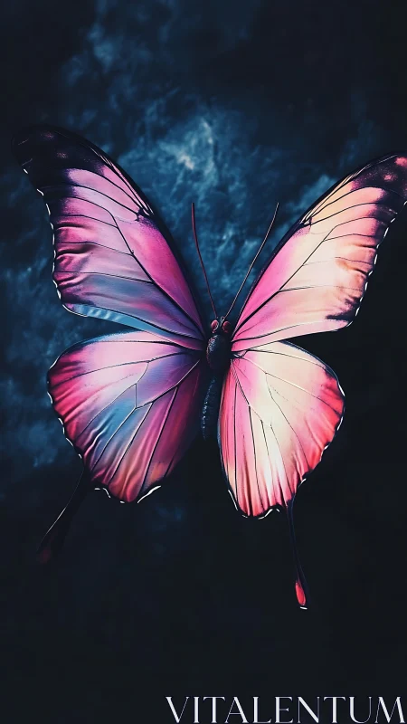 Iridescent pink butterfly with cinematic nocturnal glow.