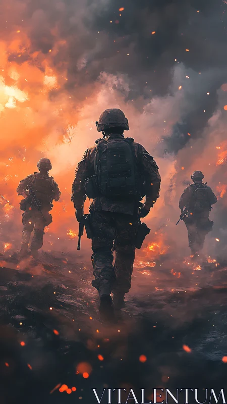 Soldiers advancing through blazing battlefield inferno.
