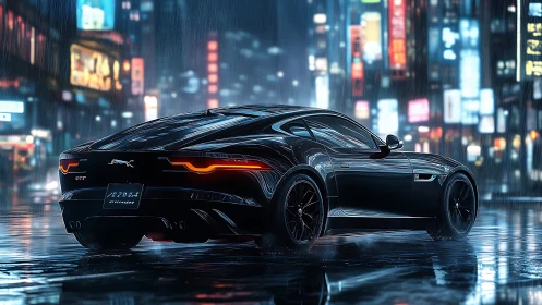 Cyberpunk performance coupé in neon rain-soaked streets at night