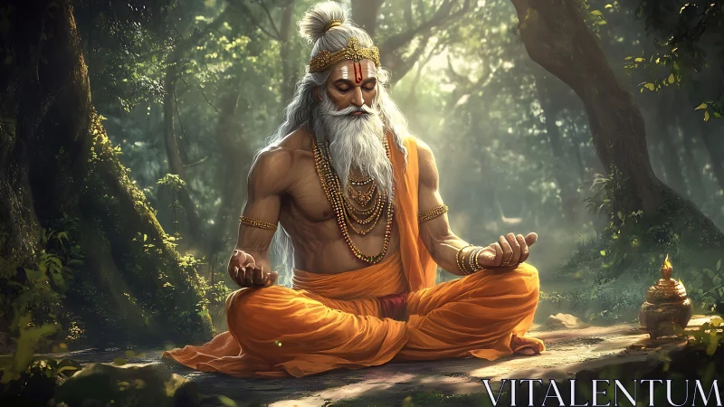 Forest sage in golden robes resting in deep sunrise meditation.