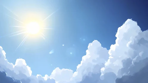 Radiant solar disc above volumetric cumulus cloudscape panorama.