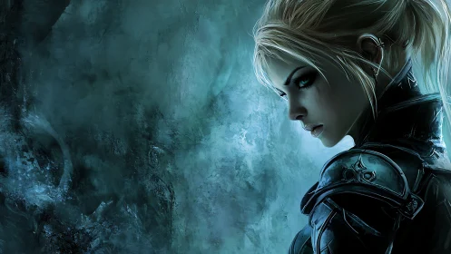 Cyan-lit female warrior portrait in tactical fantasy armor