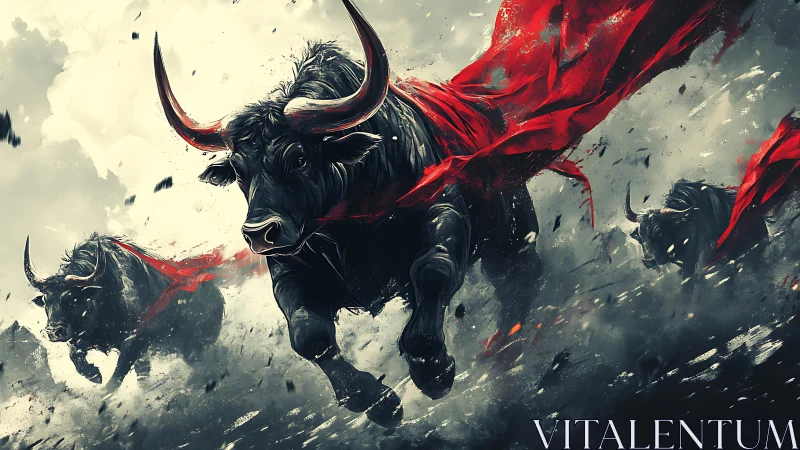 Dynamic digital painting of charging bulls with red capes.