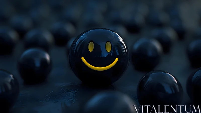 Glossy Black Smile Ball Standing Out in Dark Minimalist Scene.