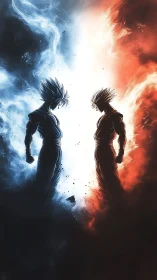 Bilateral anime fighters in opposing blue and red elemental auras