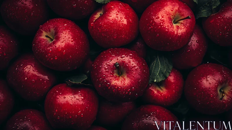 Moody macro still life of red apples with dewdrop texture.