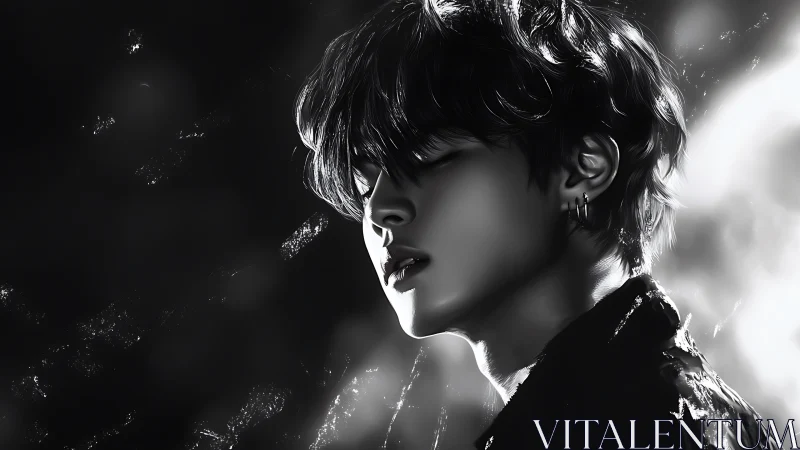 Monochrome side portrait of young man in soft light.