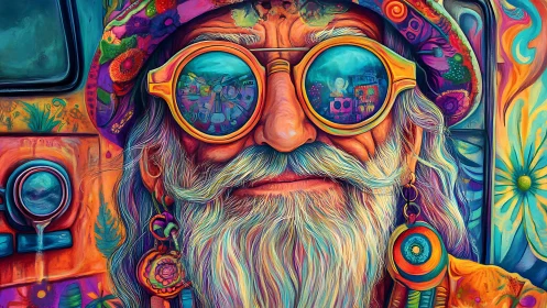 Psychedelic elder gazes through kaleidoscopic hippie memories