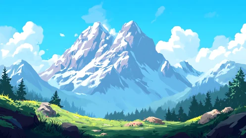 Sunlit alpine meadow below snowcapped mountain peaks.