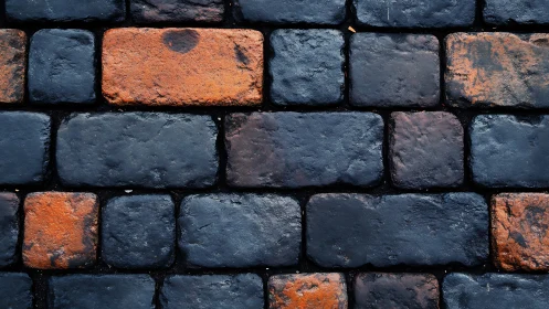 Wet dark cobblestone pavement with orange brick accents.