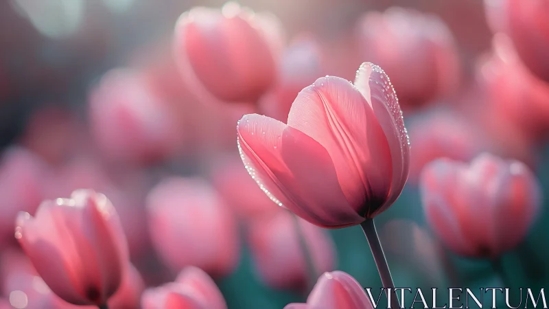 Pink Tulips with Dew: Close-up Botanical Study in Soft Focus
