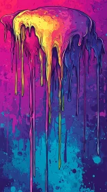 Multicolored molten paint drips vertically across gradient background