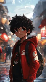Youthful anime boy in red jacket amid shallow-depth street bokeh