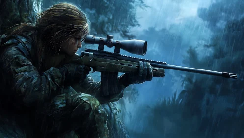 Sniper in camouflage aiming rifle in rain.