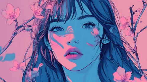 Neon blue female portrait framed by stylized cherry blossoms