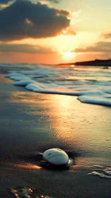 Shell foreground focus on reflective tidal shoreline at sundown.