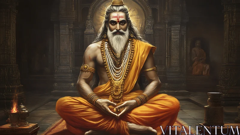 Monastic thunder sage in gold robes guarding temple hush.