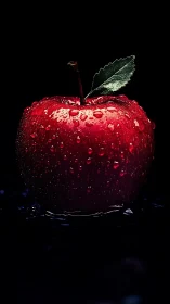 High-contrast macro study of wet red apple on black field.