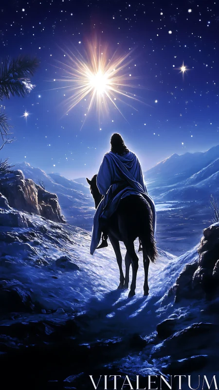 Guiding star glows above rider crossing a silent snowy pass