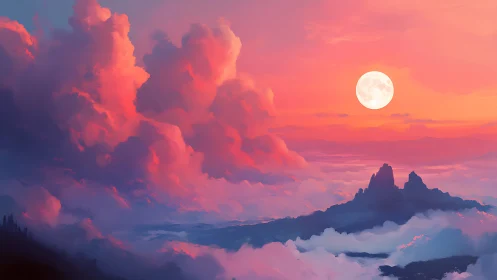 Digital painting of lunar-lit cloudscape with distant peaks.