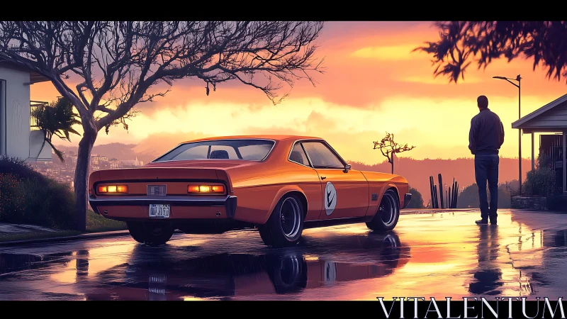 Sunset street scene with orange classic muscle car reflection