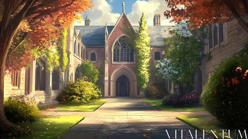 Sunlit gothic courtyard framed by autumn trees and ivy.
