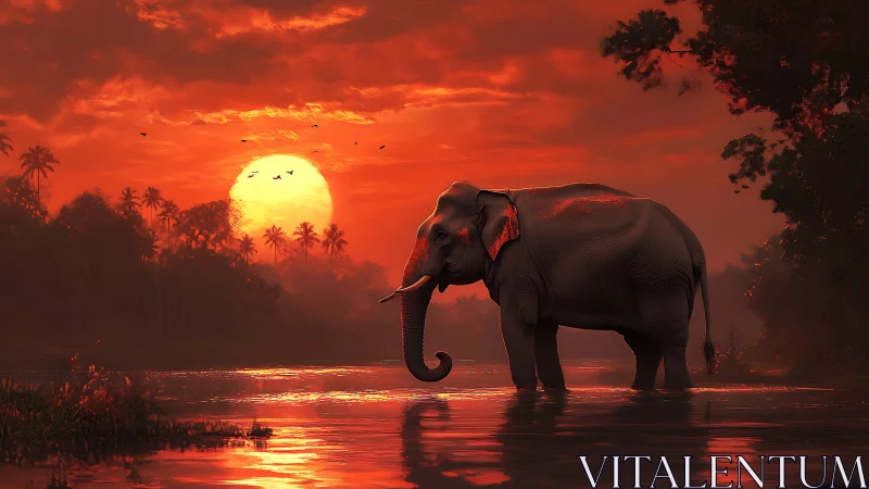 Elephant stands in shallow river under saturated red sunset sky