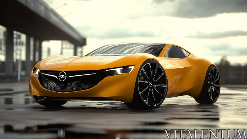 Aerodynamic yellow concept coupe on wet urban roadway.