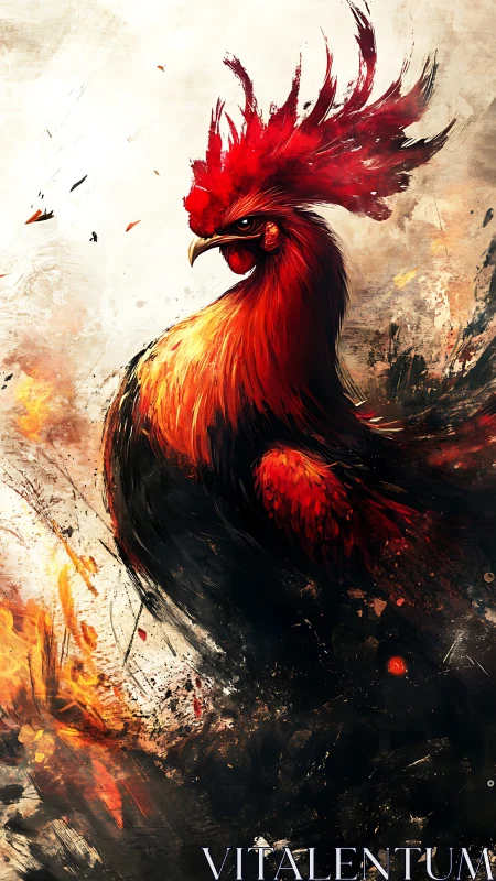 Stylized red rooster rendered amid abstract fiery strokes.