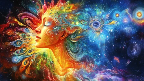 Surreal cosmic portrait in radiant chromatic energy flow.