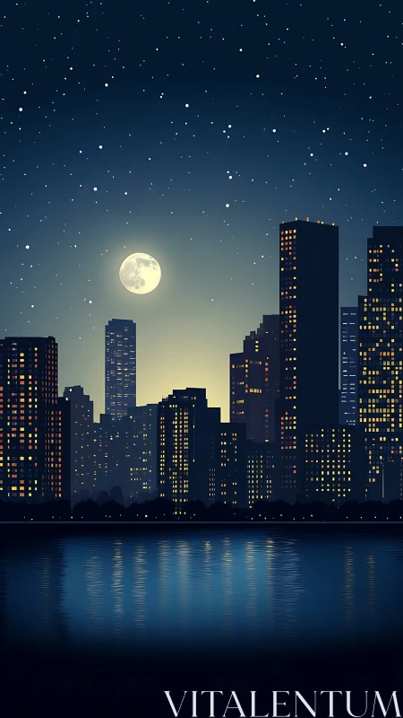 Moonlit city skyline with illuminated towers and water reflection