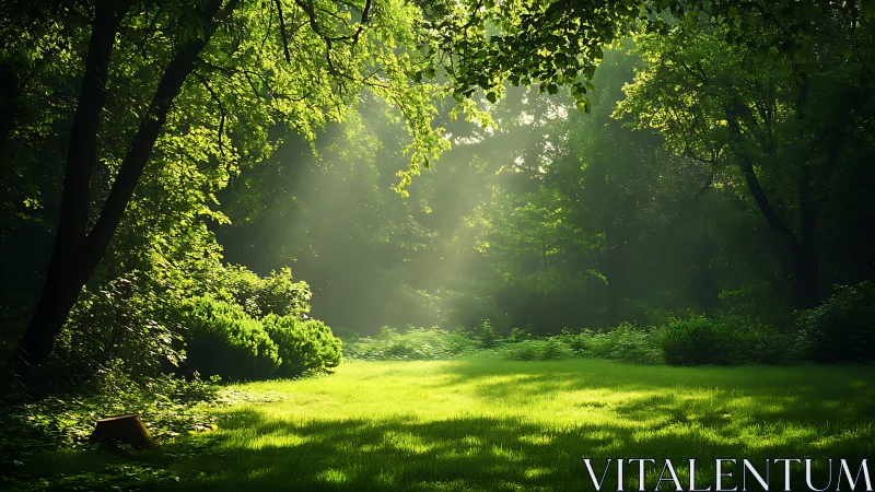 Sunlit forest clearing reveals vivid green summer glade