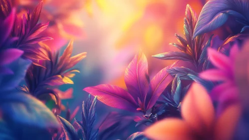 Iridescent tropical foliage rendered in vibrant digital bokeh light