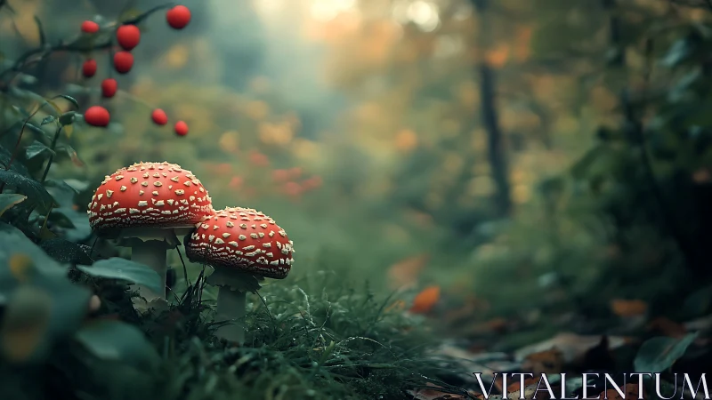 Red spotted forest mushrooms beside soft blurred pathway.